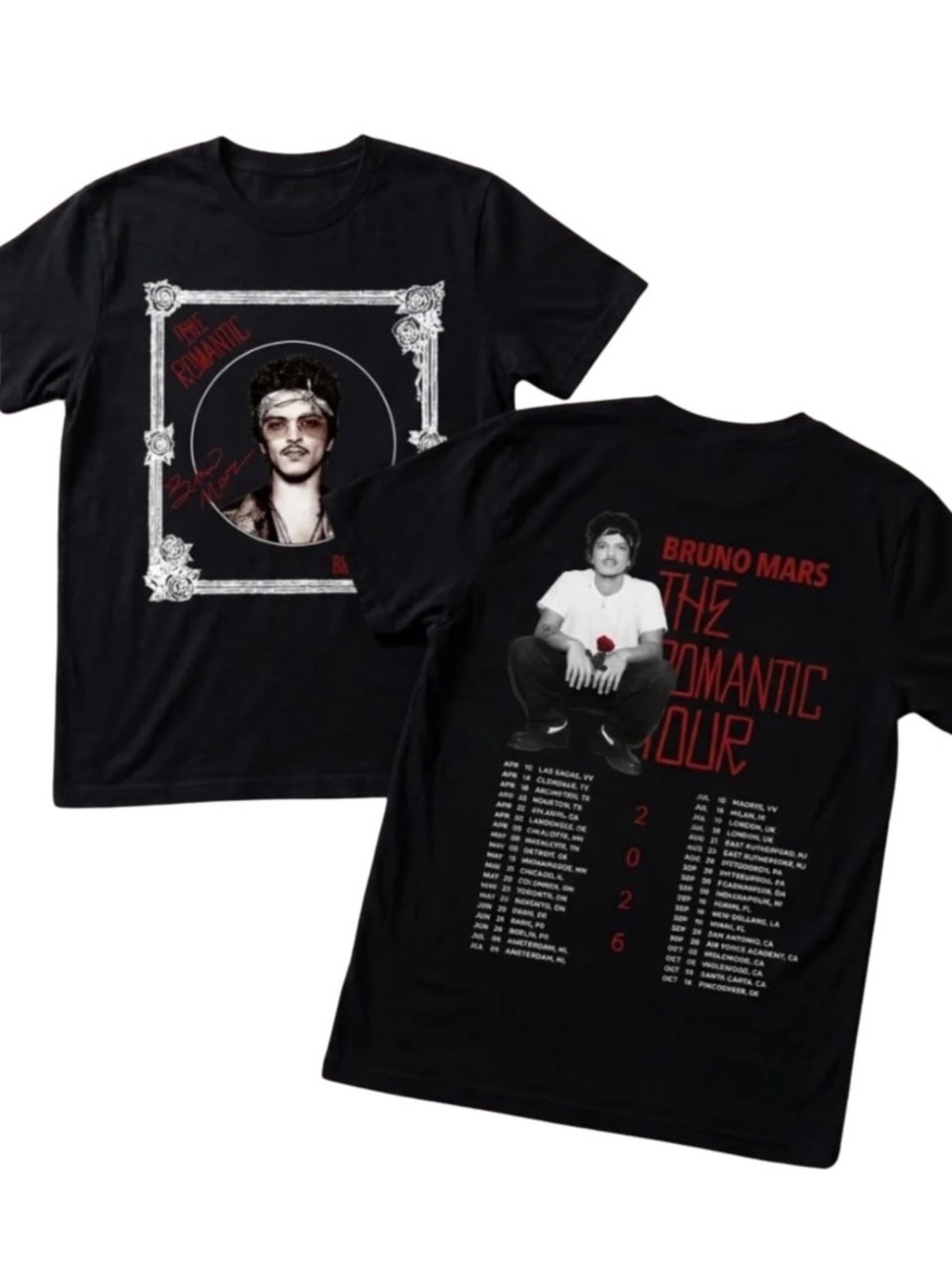 Black Graphic Short Sleeve Tee with Red & White Tour Print